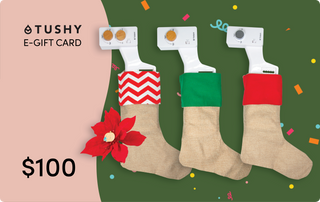 E-gift card design featuring three festive stockings and a $100 value on a colorful background.