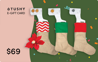 E-gift card featuring three decorative stockings with a poinsettia on a green background, priced at $69.