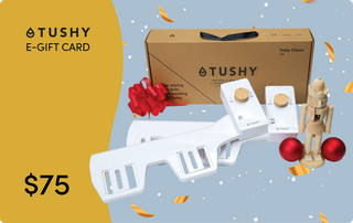 E-gift card for TUSHY products, featuring a decorative box and accessories, priced at $75.