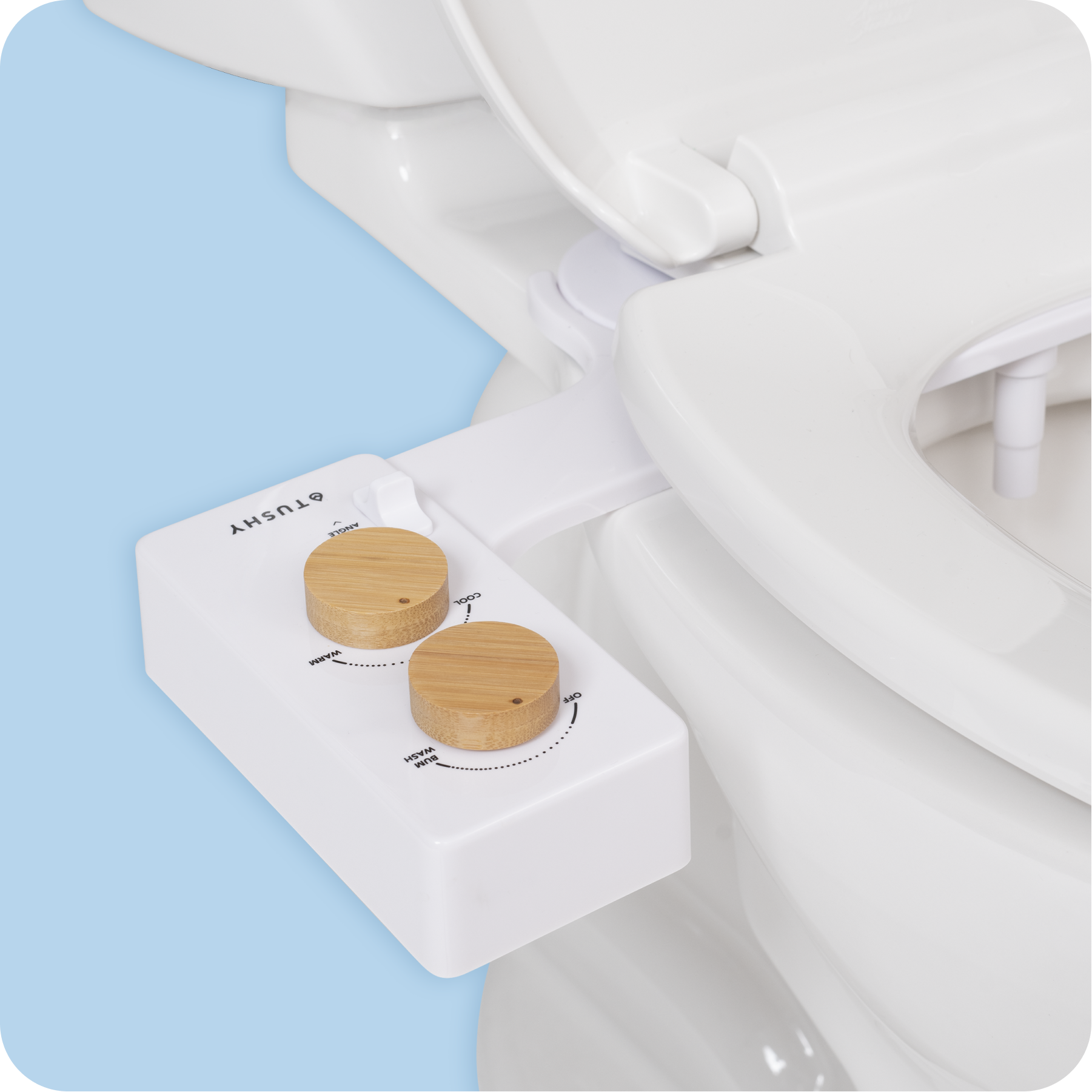 Tushy Spa 3.0 White / Bamboo-classic - a warm water bidet attachment by TUSHY White with Bamboo Knobs