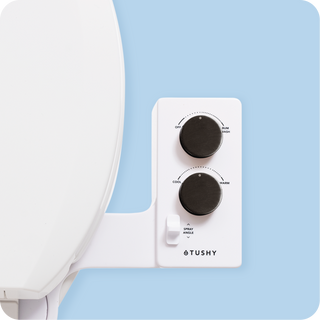 Tushy Spa 3.0 White / Gunmetal - a warm water bidet attachment by TUSHY White with Gunmetal Knobs