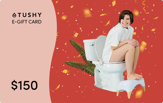E-gift card design featuring a person sitting on a toilet with a footstool, set against a festive red background.
