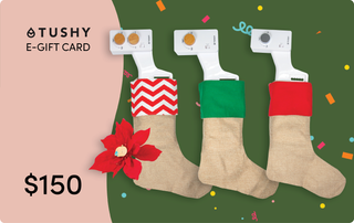 E-gift card featuring three festive stockings with a $150 value on a colorful background.