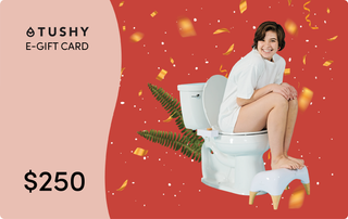 E-gift card design featuring a person sitting on a toilet with a footstool, set against a festive red background.