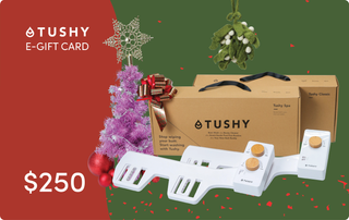E-gift card for TUSHY products, featuring a TUSHY Spa and TUSHY Classic bidet attachments, priced at $250.